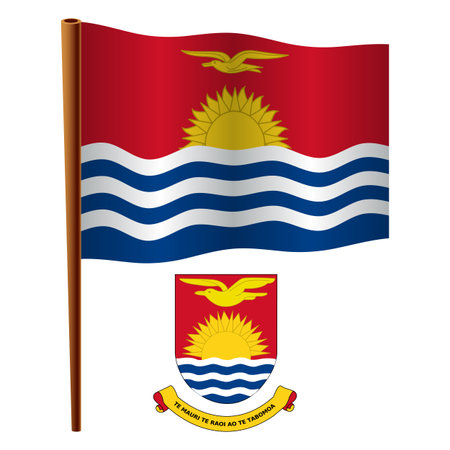 kiribati wavy flag and coat of arm against white background, vector art illustration, image contains transparencyのイラスト素材