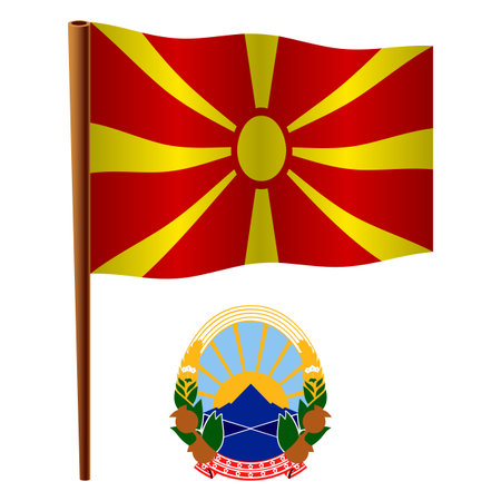 macedonia wavy flag and coat of arm against white background, vector art illustration, image contains transparencyのイラスト素材