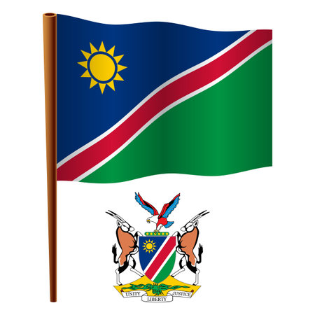 namibia wavy flag and coat of arm against white background, vector art illustration, image contains transparencyのイラスト素材