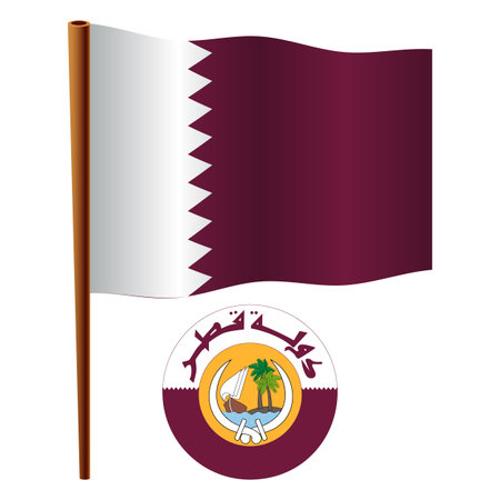 qatar wavy flag and coat of arm against white background, vector art illustration, image contains transparencyのイラスト素材