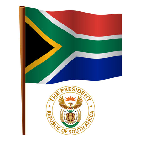south africa wavy flag and coat of arm against white background, vector art illustration, image contains transparencyのイラスト素材