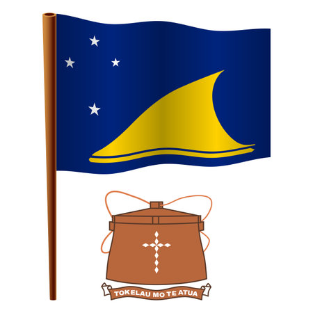 tokelau wavy flag and coat of arm against white background, vector art illustration, image contains transparencyのイラスト素材