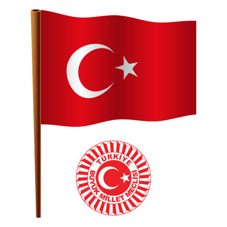 turkey wavy flag and coat of arm against white background, vector art illustration, image contains transparencyのイラスト素材
