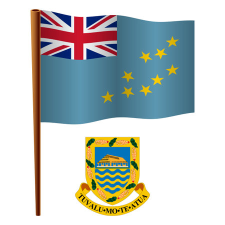 tuvalu wavy flag and coat of arm against white background, vector art illustration, image contains transparencyのイラスト素材