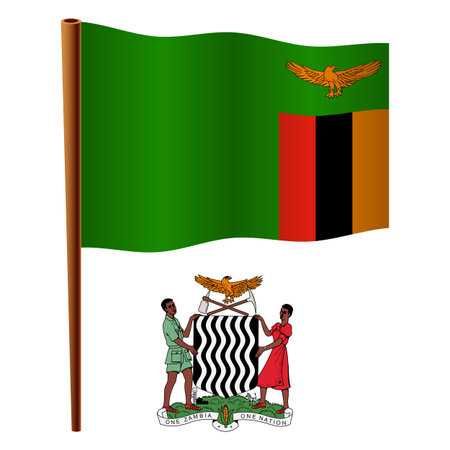 zambia wavy flag and coat of arm against white background, vector art illustration, image contains transparencyのイラスト素材
