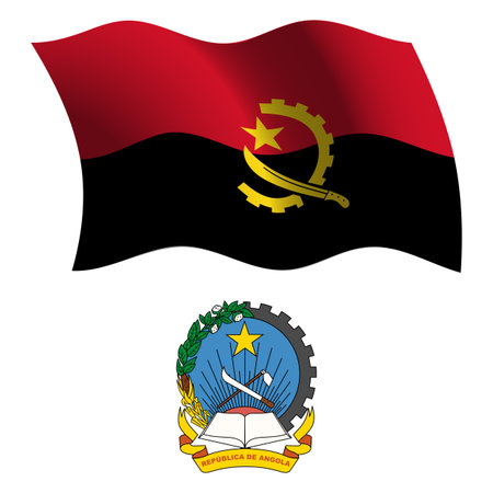 angola wavy flag and coat of arms against white background, vector art illustration, image contains transparencyのイラスト素材
