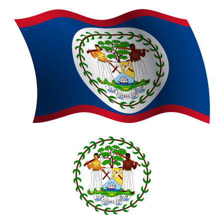 belize wavy flag and coat of arms against white background, vector art illustration, image contains transparencyのイラスト素材