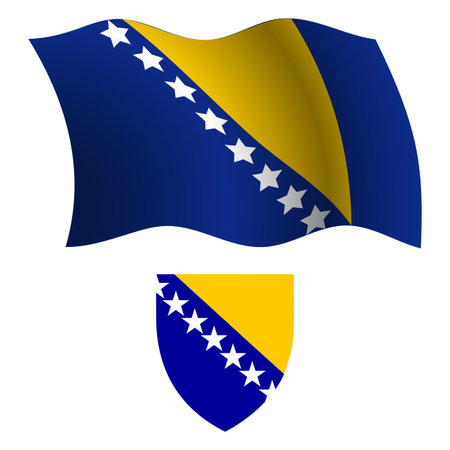 bosnia and herzegovina wavy flag and coat of arms against white background, vector art illustration, image contains transparencyのイラスト素材
