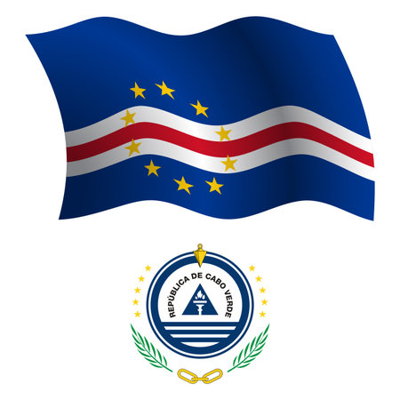 cape verde wavy flag and coat of arms against white background, vector art illustration, image contains transparencyのイラスト素材