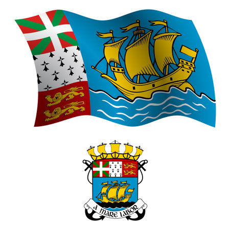 saint pierre and miquelon wavy flag and coat of arm against white background, vector art illustration, image contains transparencyのイラスト素材