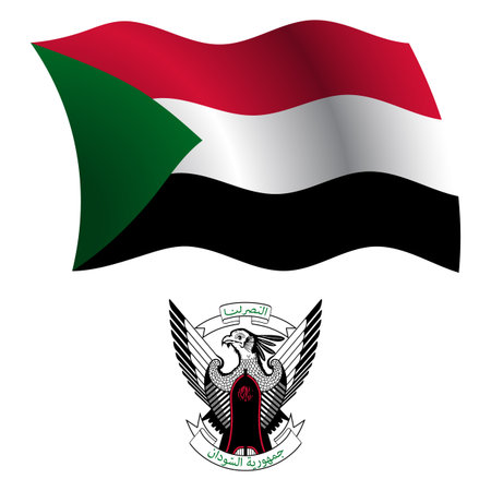 sudan wavy flag and coat of arm against white background, vector art illustration, image contains transparencyのイラスト素材