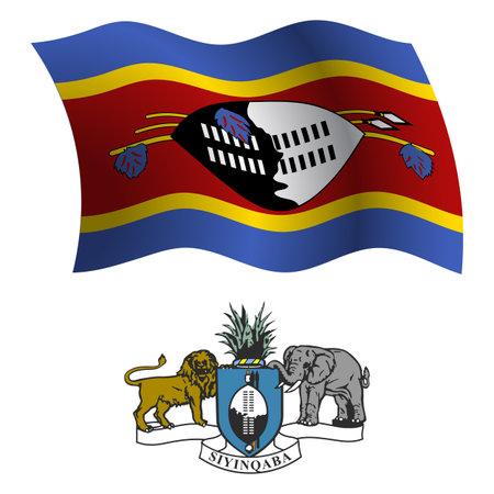 swaziland wavy flag and coat of arm against white background, vector art illustration, image contains transparencyのイラスト素材