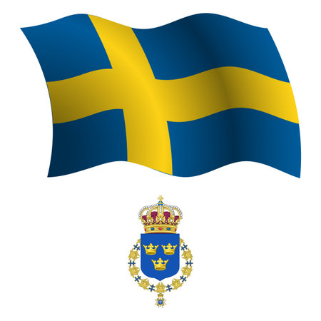 sweden wavy flag and coat of arm against white background, vector art illustration, image contains transparencyのイラスト素材