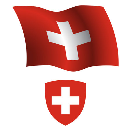switzerland wavy flag and coat of arm against white background, vector art illustration, image contains transparencyのイラスト素材