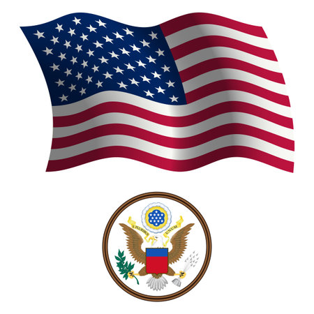 united states wavy flag and coat of arms against white background, vector art illustration, image contains transparencyのイラスト素材
