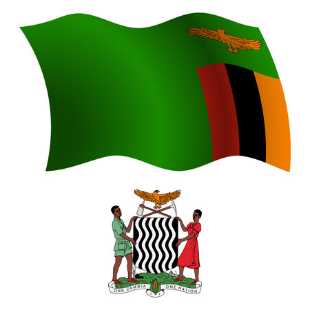 zambia wavy flag and coat of arm against white background, vector art illustration, image contains transparencyのイラスト素材