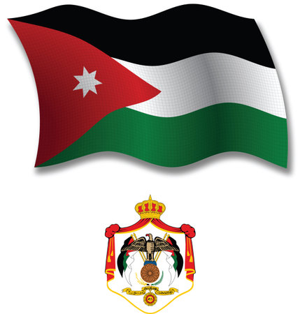 jordan shadowed textured wavy flag and coat of arms against white background, vector art illustration, image contains transparency transparencyのイラスト素材