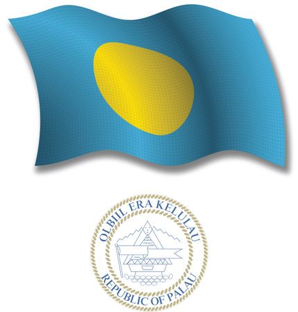 palau shadowed textured wavy flag and coat of arms against white background, vector art illustration, image contains transparency transparencyのイラスト素材