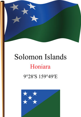 solomon islands wavy flag and coordinates against white background, vector art illustration, image contains transparencyのイラスト素材