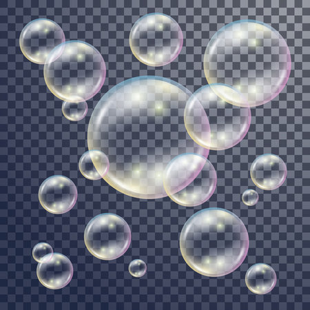 Soap colorful transparent bubbles with rainbow reflection isolatedのイラスト素材