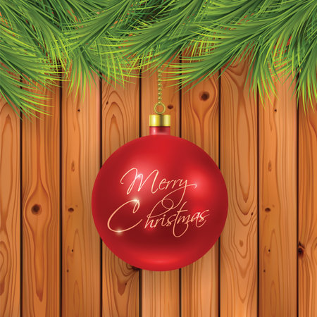 Christmas fir branches with red ball on wooden backgroundのイラスト素材
