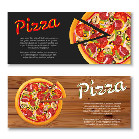 Realistic pizza flyer on wooden and black backgrounds. Two horizontal bannersのイラスト素材