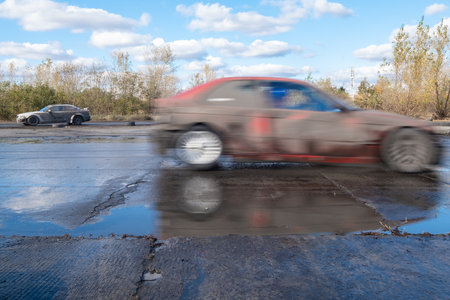 2 drifting cars during amateur event in Warsaw, Polandの写真素材