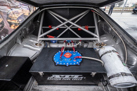 Zgierz / Poland November 24, 2018: drifting car trunk with the fuel installations insideのeditorial素材