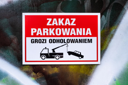 no parking sign and towing warning pictogram closeup in Polish language, Warsaw, Poland, graffiti in the backgroundの写真素材