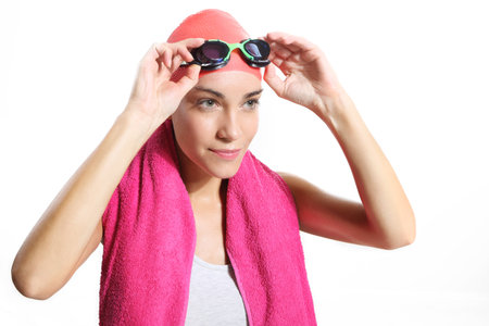 beautiful swimmer in orange bonnetの写真素材