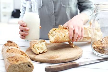 Baguette. bread and milk.の写真素材