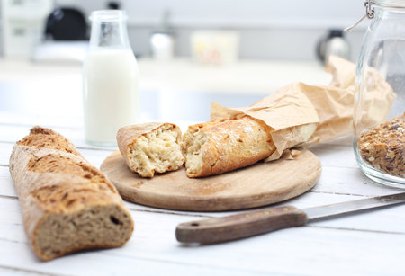 Healthy breakfast bread and milkの写真素材