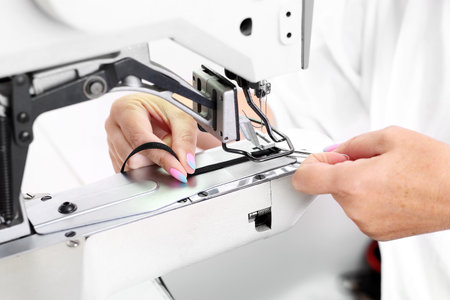 Sewing machine. Seamstress sewing on the sewing machine in the manufacturing plantの写真素材