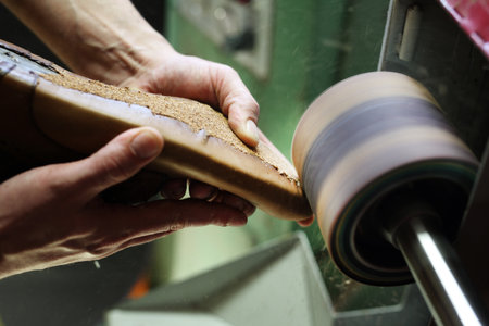 Shoemaker. Grinding shoes in shoe manufacturing plantの写真素材
