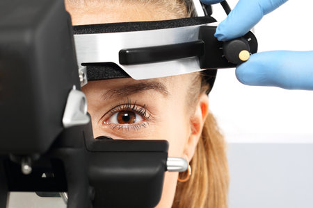 Binocular ophthalmoscope, an eye examination at an ophthalmologistの写真素材