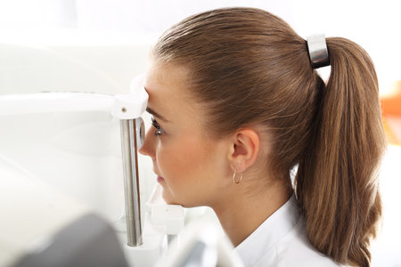 Computer aided visual acuity. The patient during an eye examination at the eye clinicの写真素材