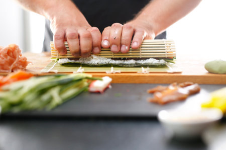 Bamboo mat, preparing sushiの写真素材