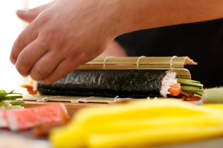 Bamboo mat, preparing sushiの写真素材