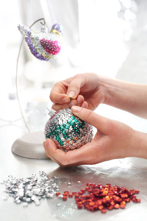 Beautiful Christmas decorations, sequined Christmas ornamentsの写真素材