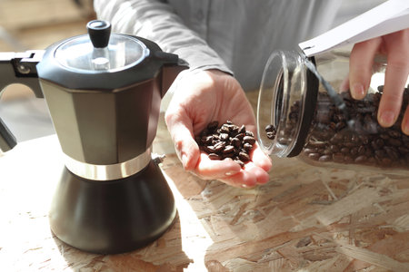Barista prepares coffeeの写真素材