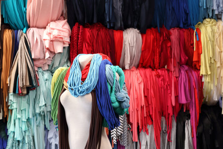 Workshop designer clothes Colored pieces of materials in a tailor shop.の写真素材