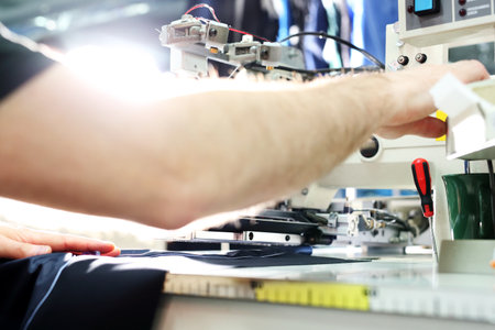 The production plant, sewing clothes by seamstresses on the sewing machineの写真素材