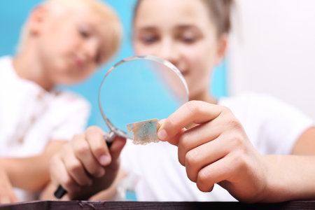 Two children, a girl and a boy watching through a magnifying glass stones from his collection of rocks.の写真素材