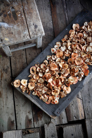 Chips with apples. Healthy naturally dried fruit.の写真素材