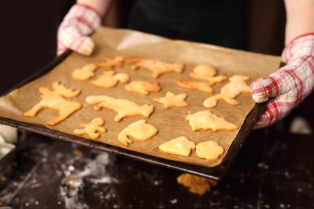 Baking cakes. Cookies on a baking tray inserted into the oven.