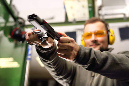 Sport shooting range. The man at the pistol shooting reloadsの写真素材