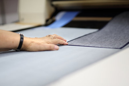 Lagging machine. Sewing worker lags materialの写真素材
