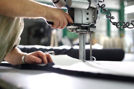 Cutting the fabric, sewing work.Cutting room, cutting cloth tailoring knife.の写真素材