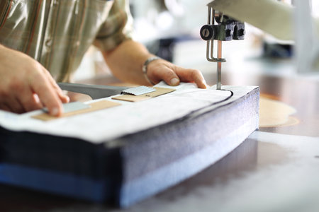 Factory clothes, cutting room. Cutting room, cutting cloth tailoring knife.の写真素材