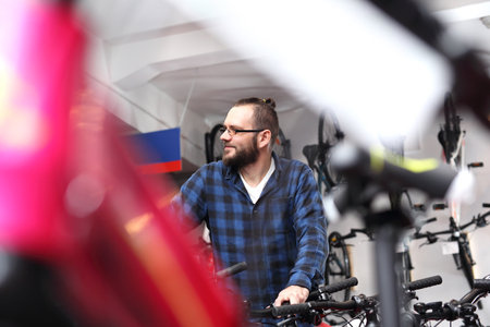 Bicycle shop. Bicycle seller in a bicycle lounge.の写真素材